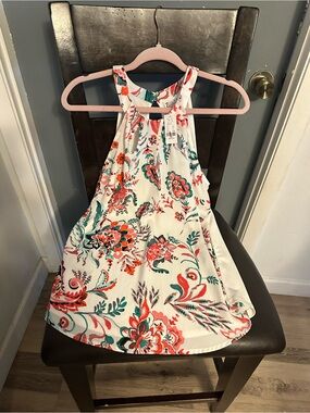 New York & Company White Halter Top with Coral & Teal Floral Print
